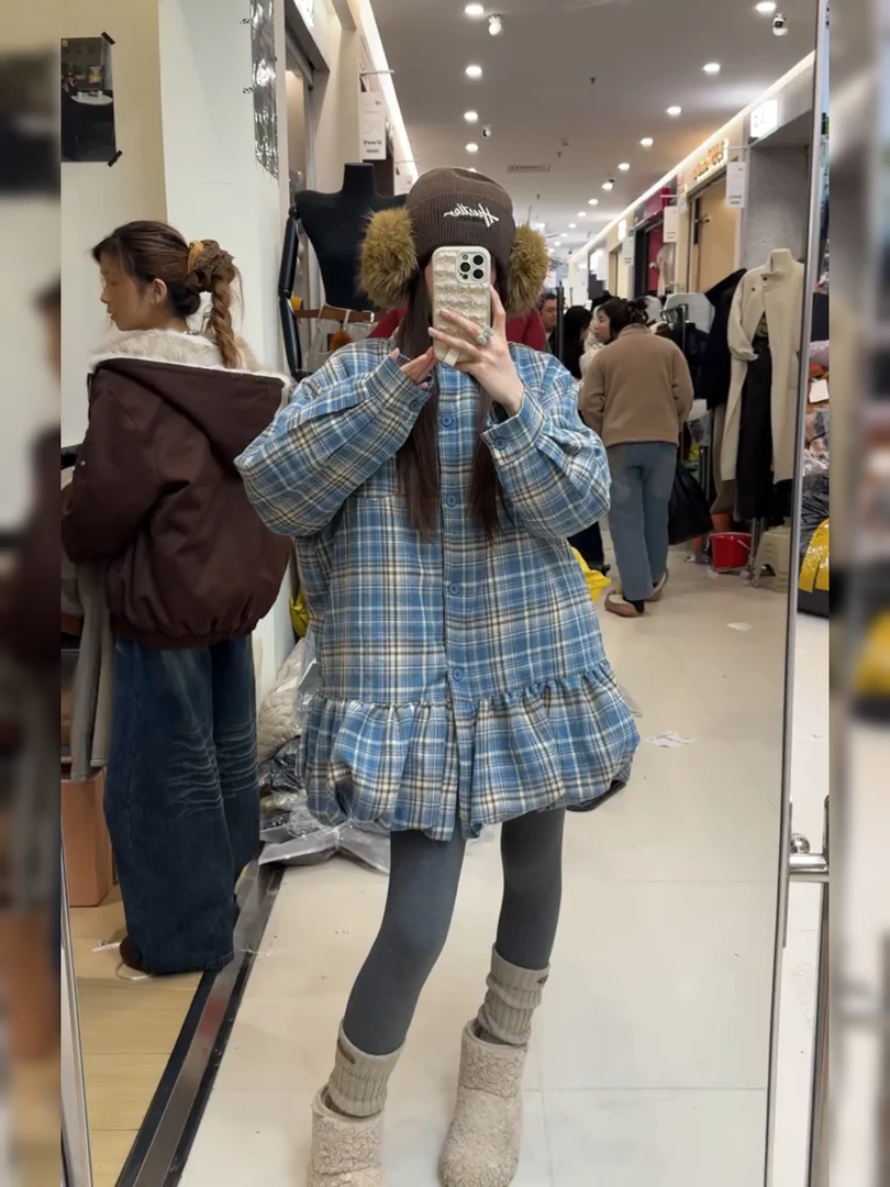 韩系2025年冬款日系复古格子棉服衬衫文艺减龄宽松百搭花边长上衣