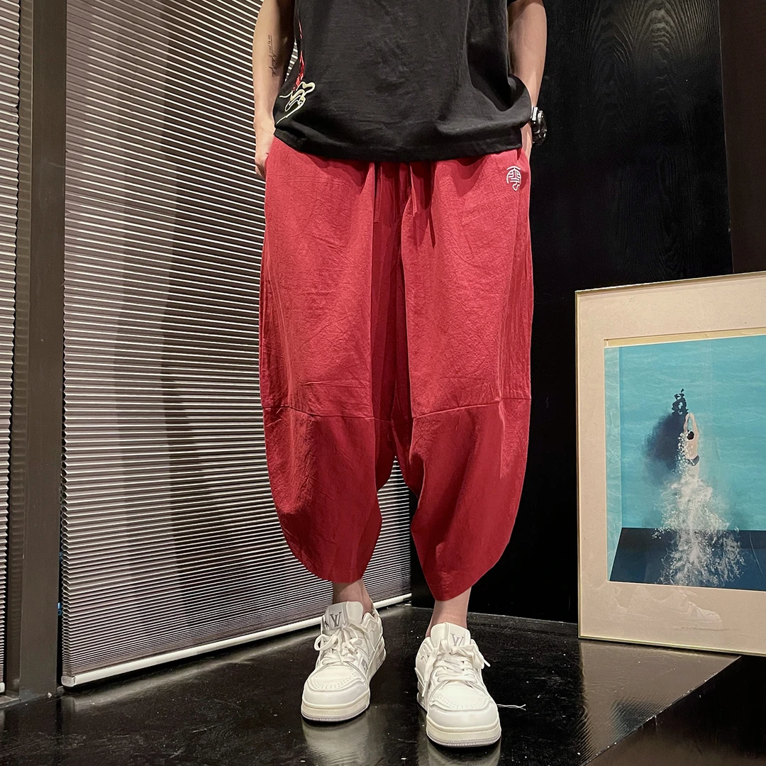 夏季薄款休闲七分裤男潮牌沙滩裤大码胖子新中式刺绣宽松哈伦短裤