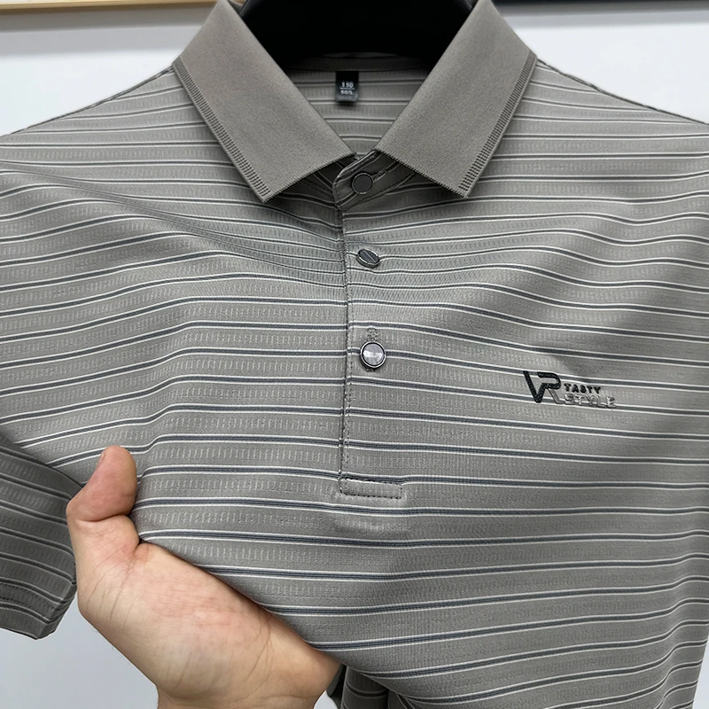 CATIA SELI夏季高端垂感半袖无痕男士条纹冰丝短袖T恤凉感POLO衫