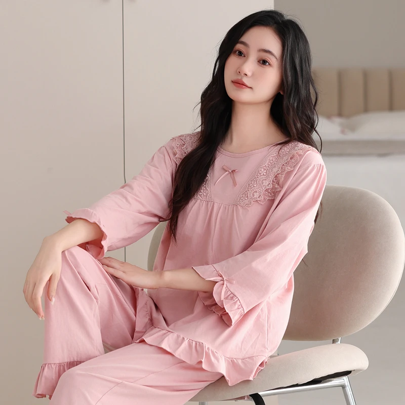 睡衣女款爆款2025新款夏季七分袖长裤套装春秋纯棉女士外穿家居服