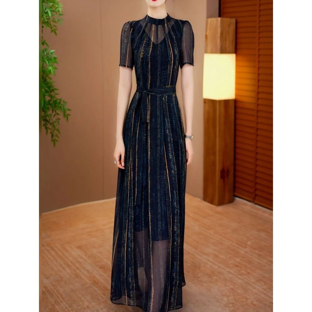 法式气质时尚优雅端庄收腰短袖连衣裙2025秋季新款显瘦遮肉A字裙