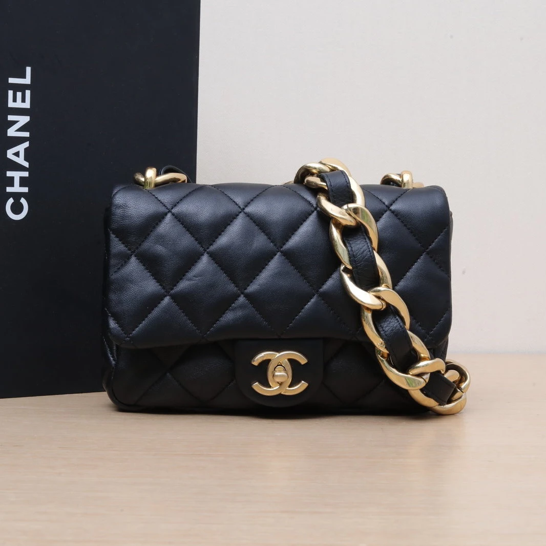 95新 Chanel/香奈儿 【活动黑黑】22P 粗链条单肩包 小号 黑色