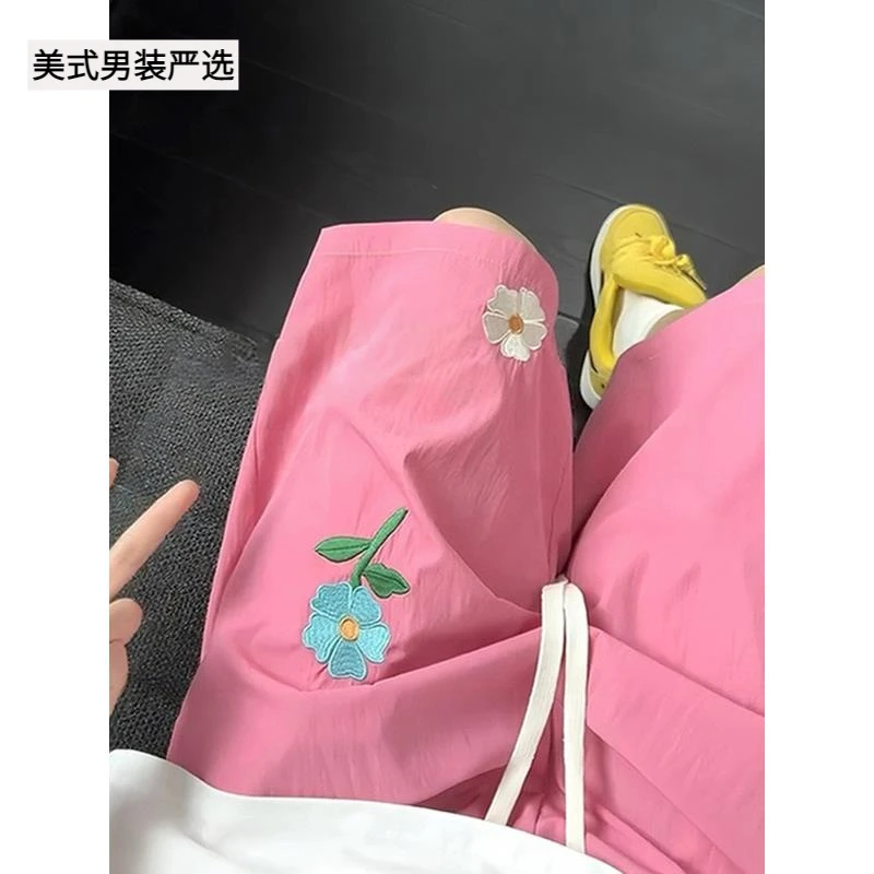 花朵刺绣多巴胺短裤男夏薄款透气速干沙滩裤直筒运动情侣五分裤潮