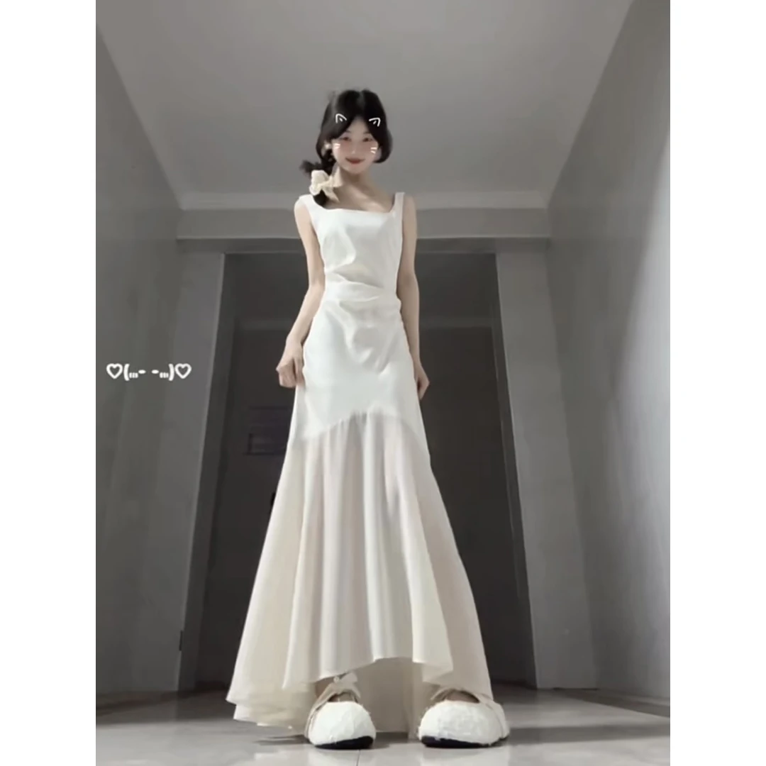 法式温柔白月光连衣裙女2025夏季新款拼接气质修身方领鱼尾长裙子