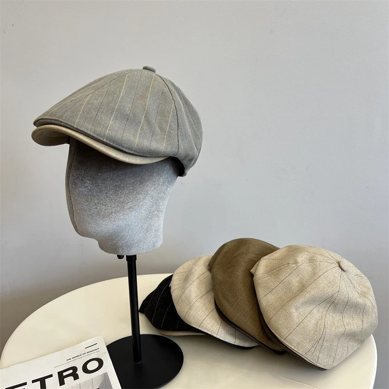 韩版四季款田园风条纹皮檐前进帽女士日系学院风文艺田园风鸭舌帽