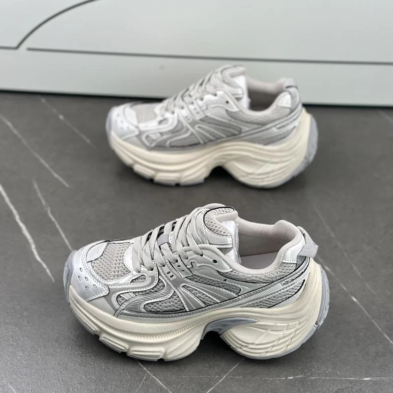 真皮厚底老爹鞋女2025春季新款小个子增高网面系带软底休闲运动鞋