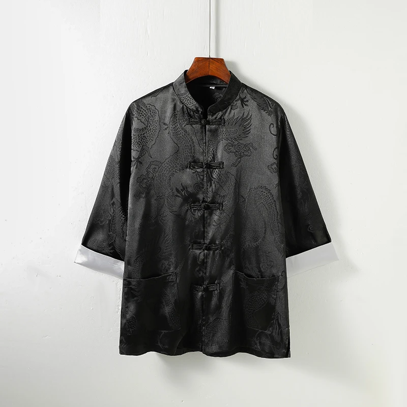 冰丝唐装外套男士中国风龙纹提花七分袖衬衫大码宽松垂感短袖衬衣