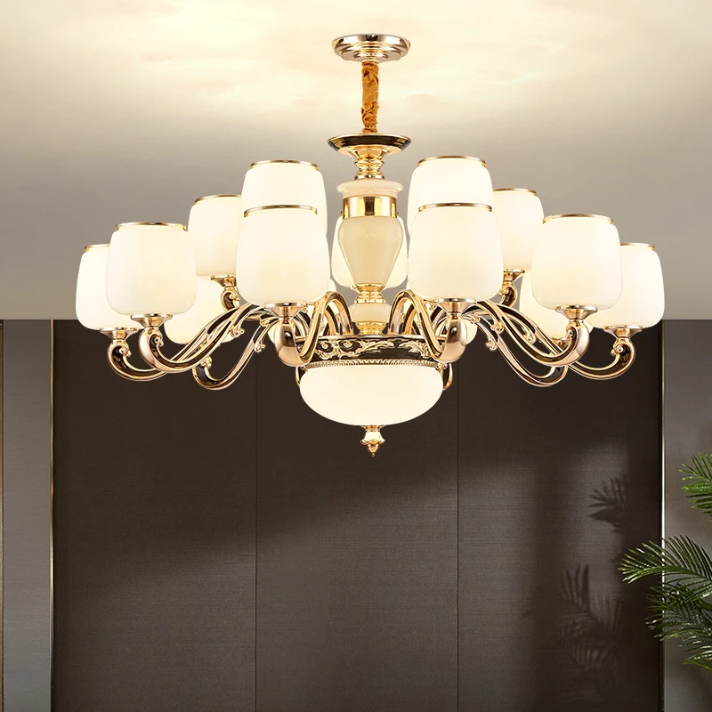 2025新款欧式吊灯鎏金灯臂轻奢别墅自建房吊灯高透琉璃白客厅灯