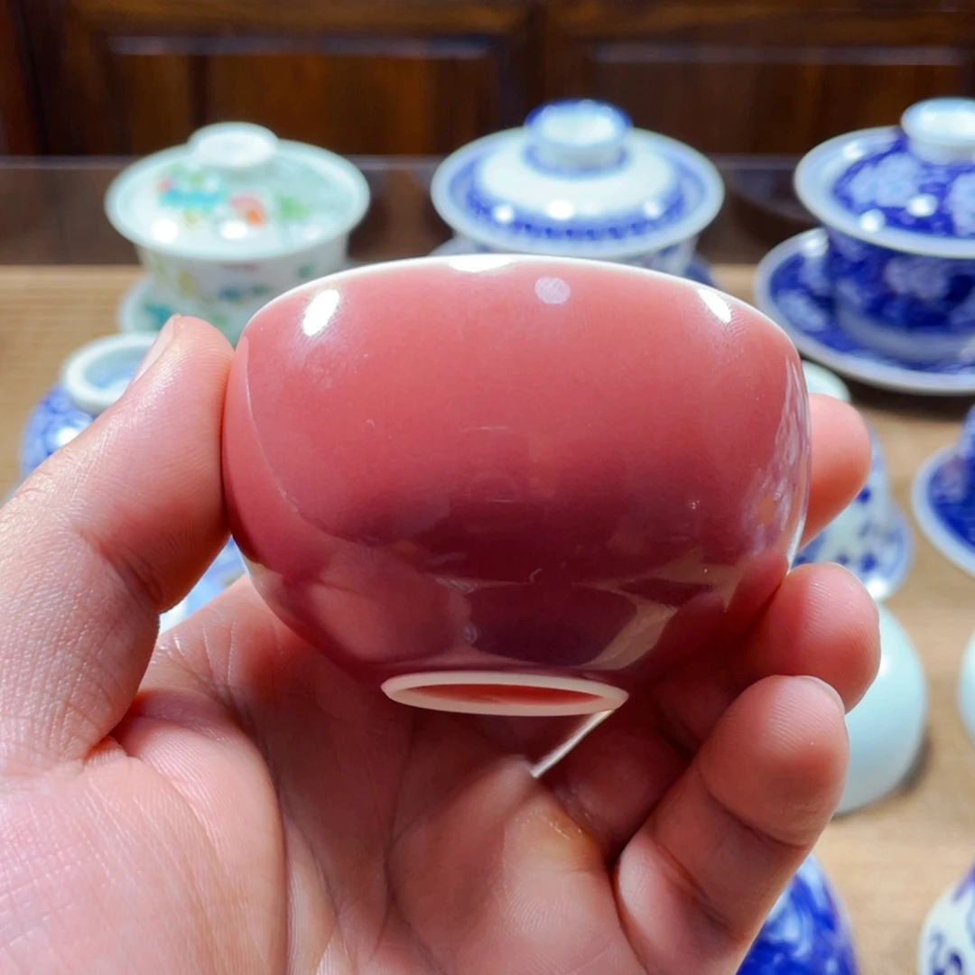 晓芳窑桃红釉圆口杯