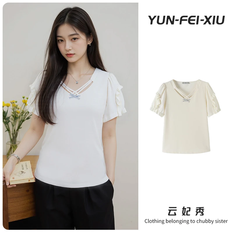 云妃秀大码女装上衣洋气气质V领荷叶边宽松显瘦气质T恤夏季68071