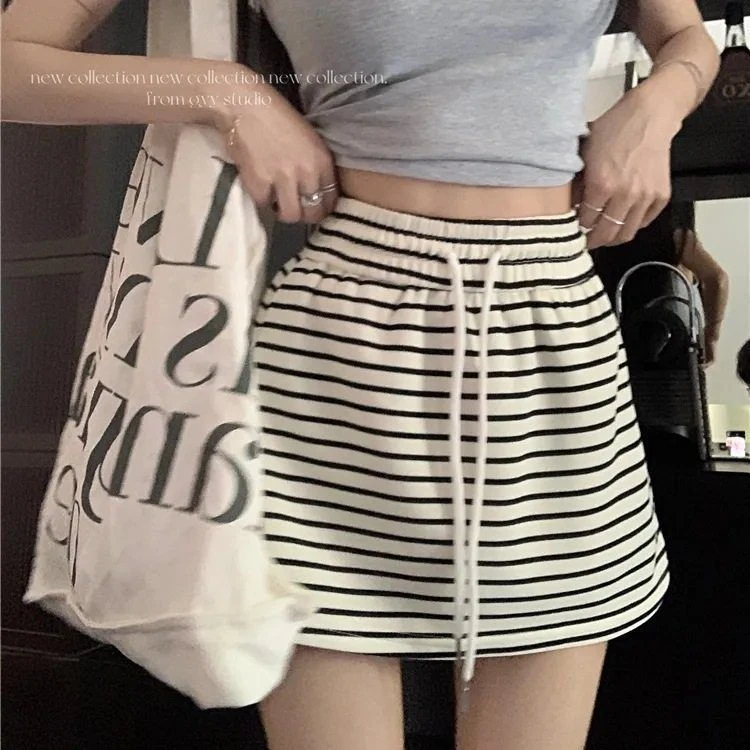 松紧腰抽绳A字短裙女夏季2024年新款韩版简约运动休闲条纹半身裙