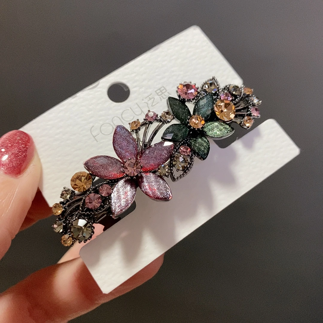602彩色花朵6公分弹簧夹半披发夹优雅镶钻韩版成人钻发夹复古发卡