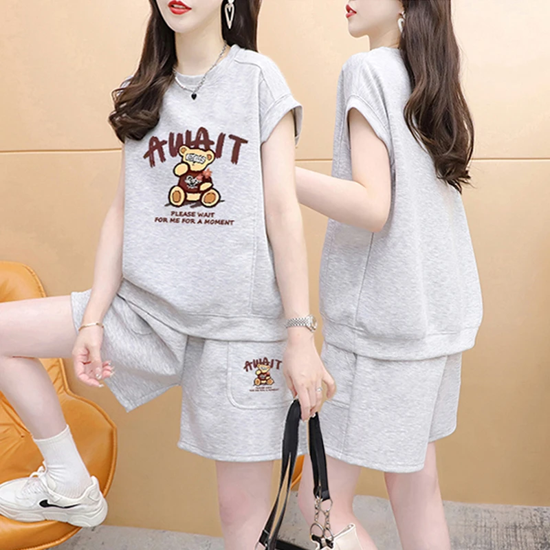 夏季新款纯棉休闲运动套装女2025洋气百搭学生短袖t恤+短裤两件套