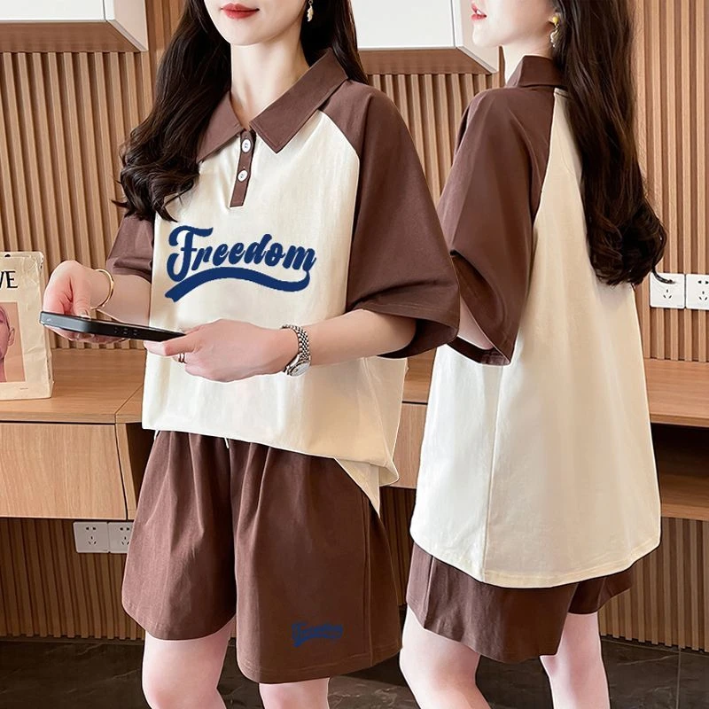网红洋气纯棉短袖t恤+短裤两件套女2025夏季新款宽松休闲运动套装