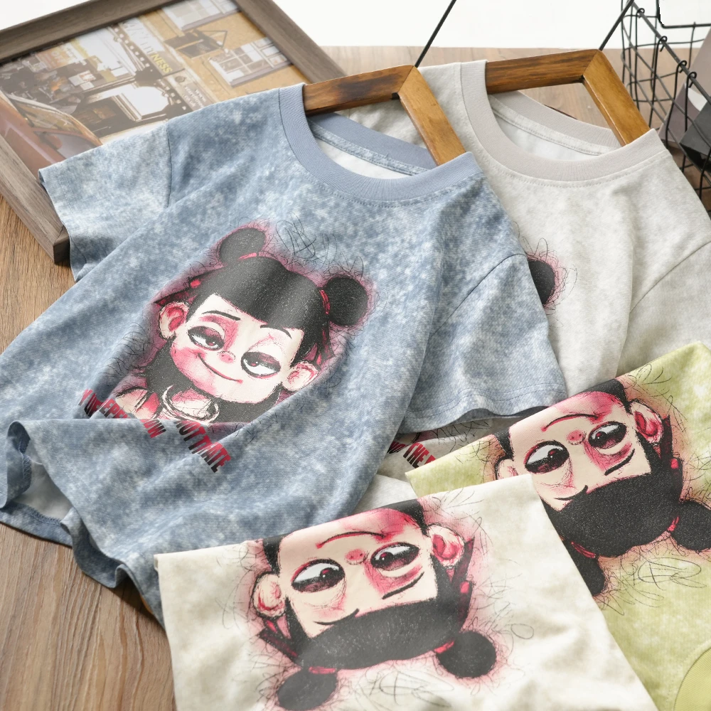 夏季新款儿童卡通哪吒印花短袖T恤男童中大童晕染上衣25205