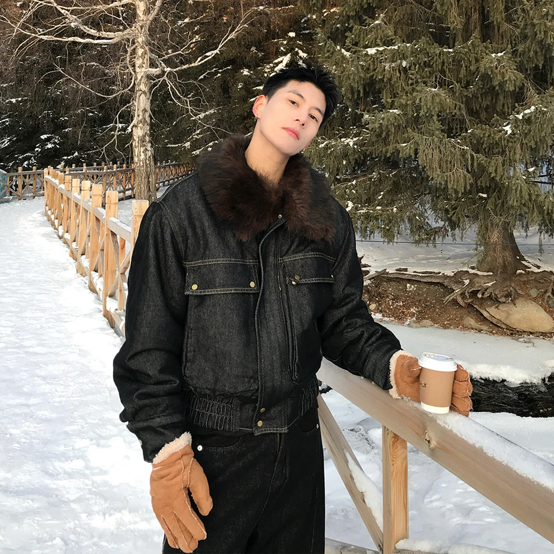 Holocene美式潮牌冬季皮草毛领外套撞色夹克高街情侣款棉服z2631