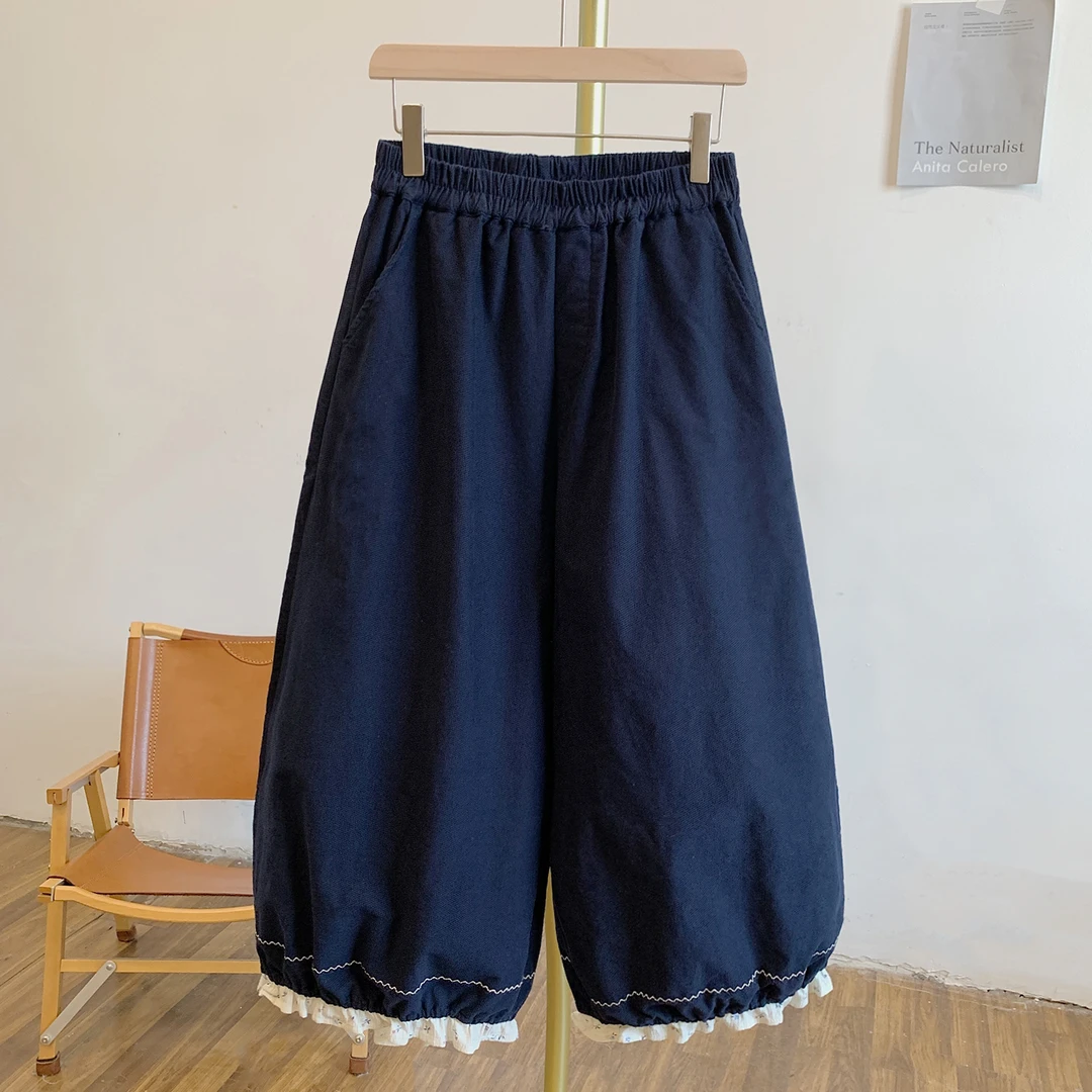 Y3191刺绣碎花拼接松紧腰阔腿裤