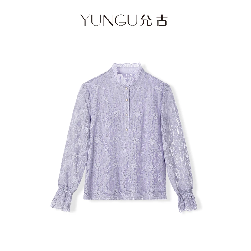 YUNGU允古【繁花将至】定制珠纱蕾丝法式木耳边衬衫秋季气质上衣女