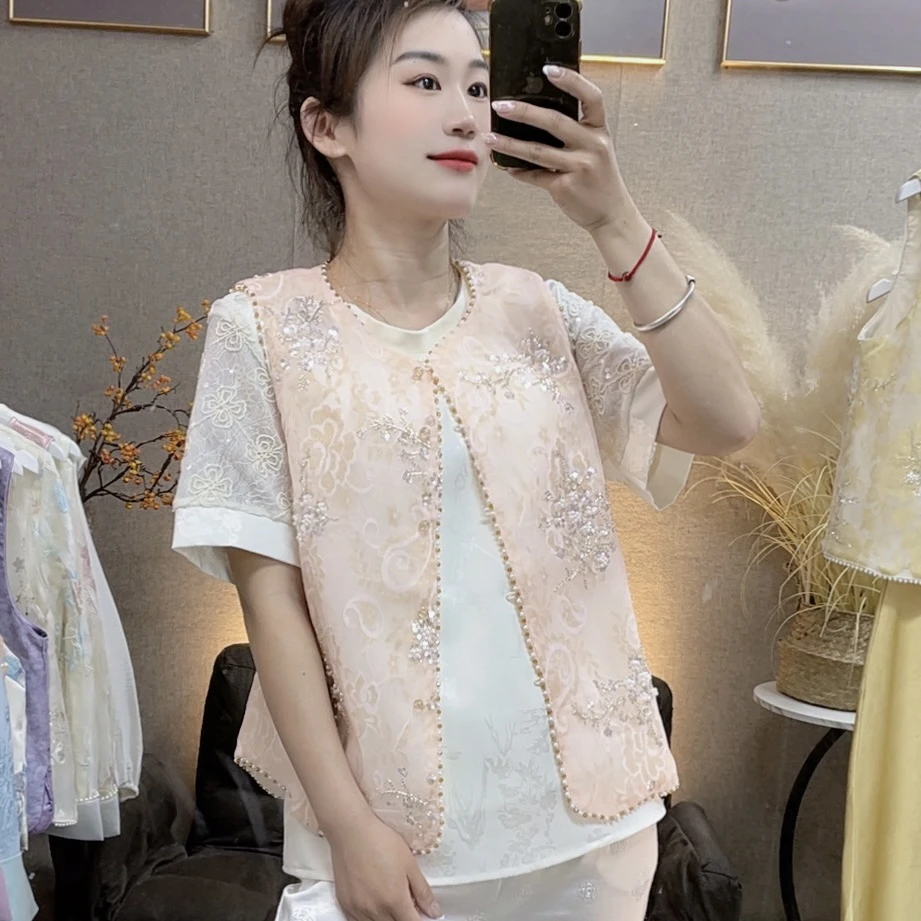 亮闪-新款轻国风马甲春夏季新中式重工钉珠刺绣薄款马甲背心女款