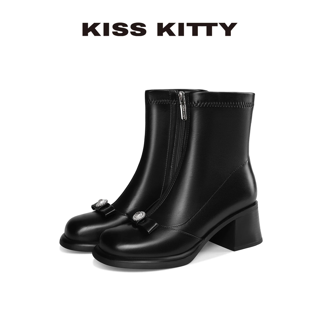 Kiss Kitty蝴蝶结显瘦弹力短靴2025今年流行靴子圆头短筒增高女靴
