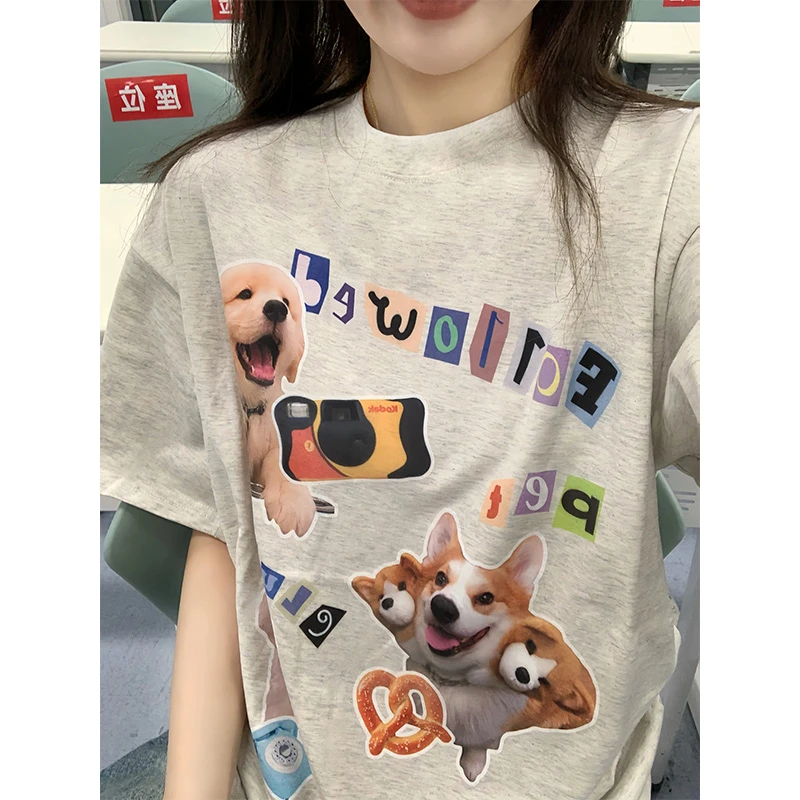 美式复古狗狗印花短袖t恤女夏季2025新款半袖纯棉设计感小众上衣