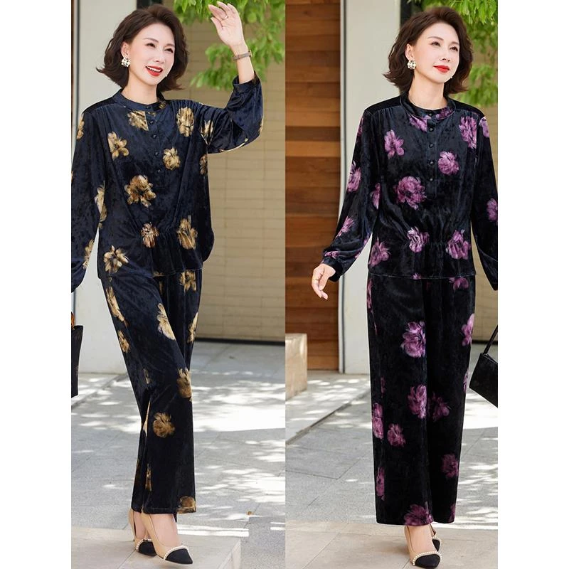 2025夏季新款套装时尚气质宽松印花阔腿裤中老年人妈妈装两件套