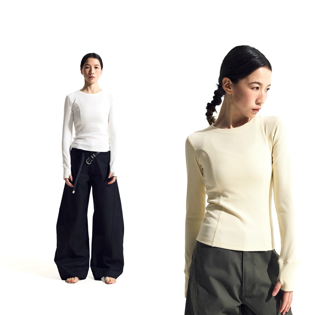 NORYBRAND 女生系列基础圆领2x2螺纹打底衫 简约运动修身长袖