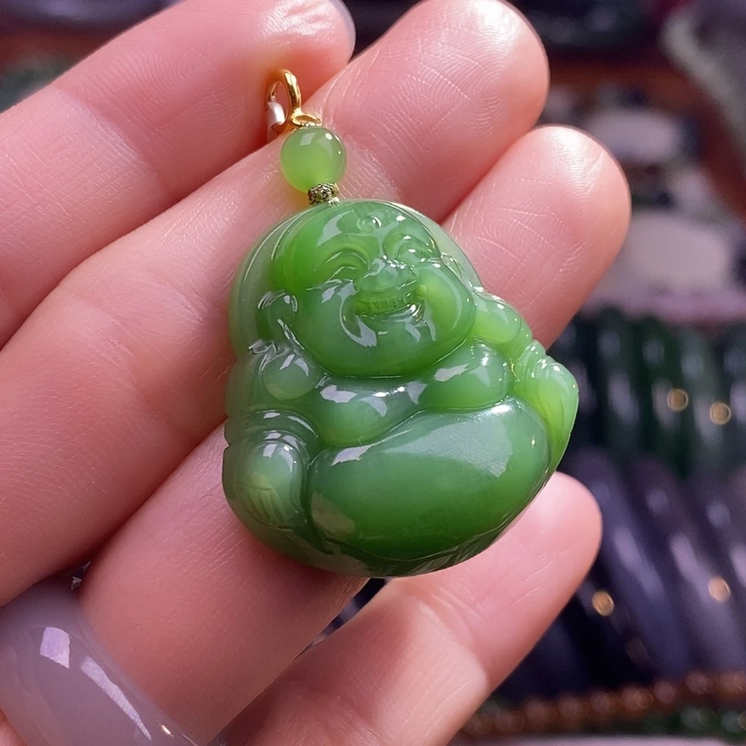 颈饰未镶嵌和田玉金扣碧玉粉绿佛公吊坠