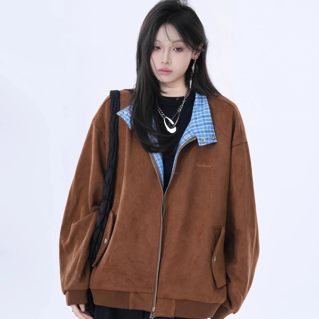 美式格子拼接麂皮绒外套女款秋季新款宽松气质秋季外套