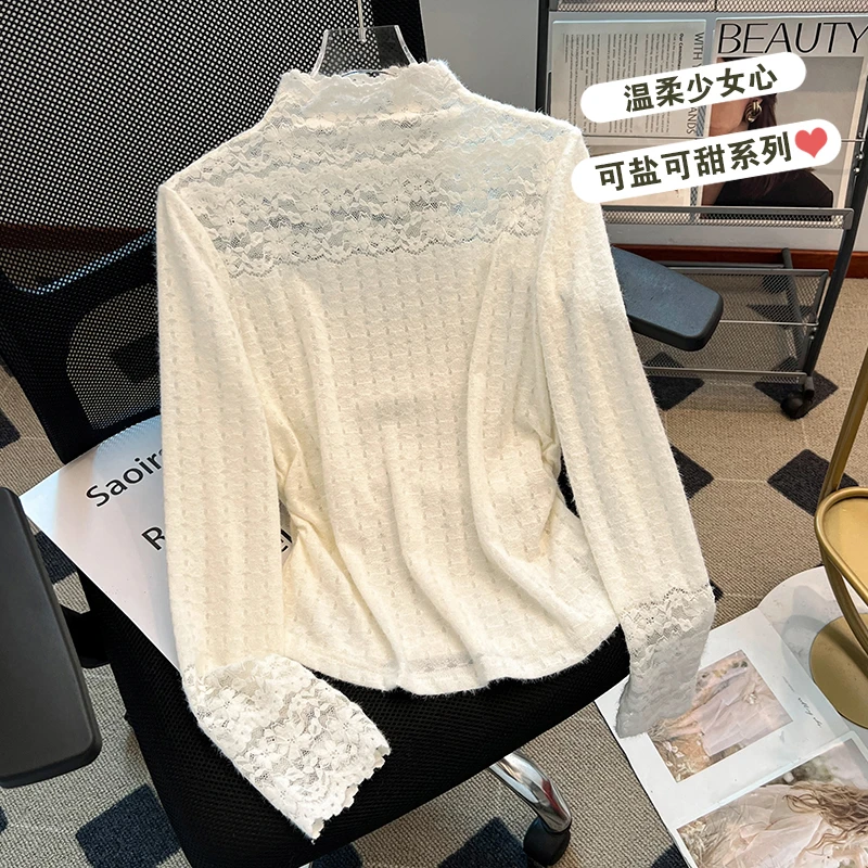 SM潮流半高领长袖蕾丝打底衫女秋冬新款修身显瘦气质百搭外穿上衣