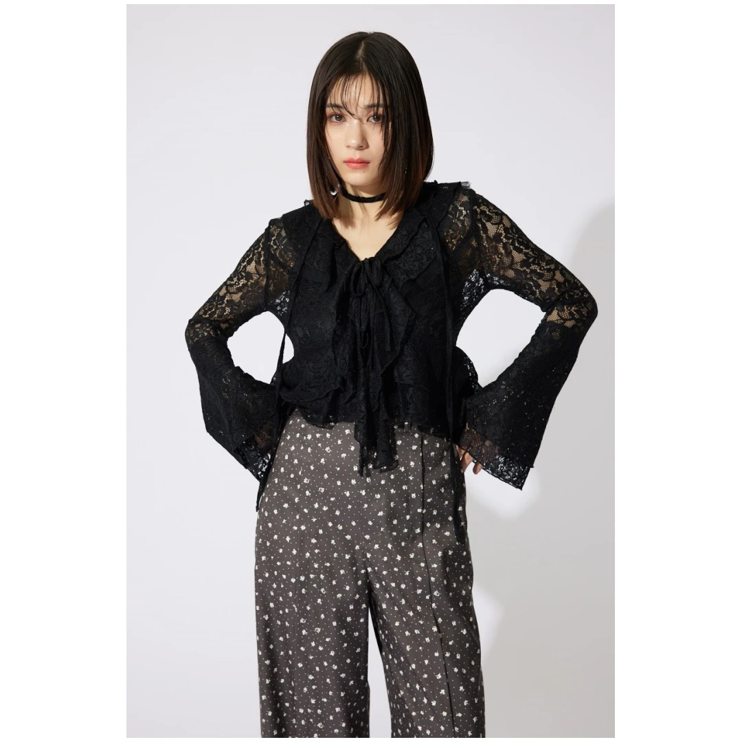 【MonTendre】春季新款 R 荷叶边蕾丝衬衫喇叭袖镂空修身小性感优雅