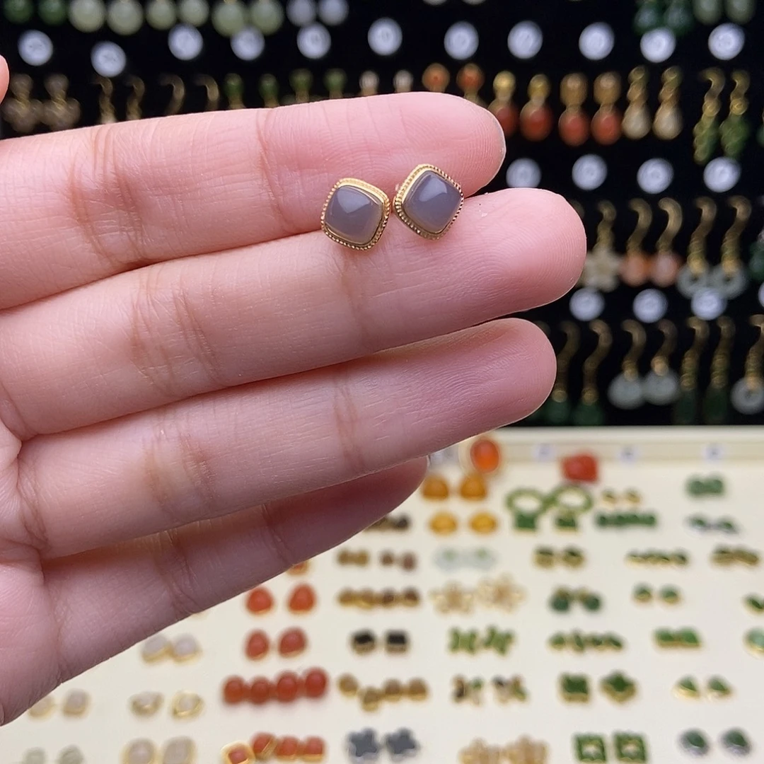 和田玉银S925镀金镶嵌耳饰