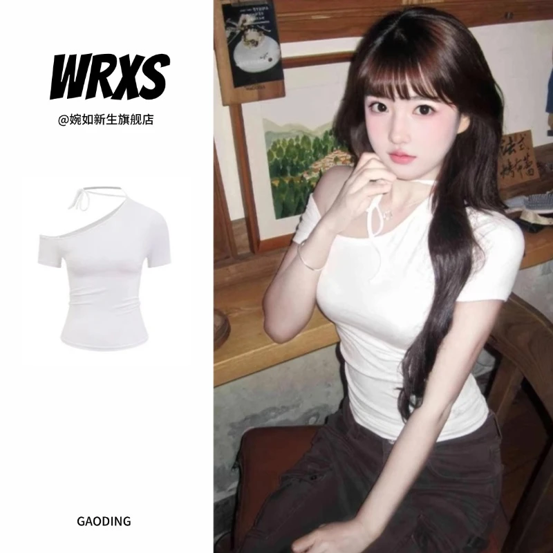 【婉如新生】性感辣妹斜肩短袖T恤夏季韩系纯欲超好看独特漂亮上衣
