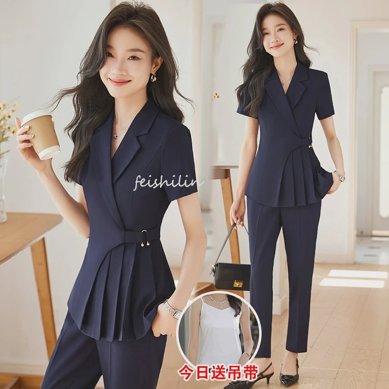 藏青色西装套装女职业装气质女神范高端收腰夏季短袖珠宝店工作服