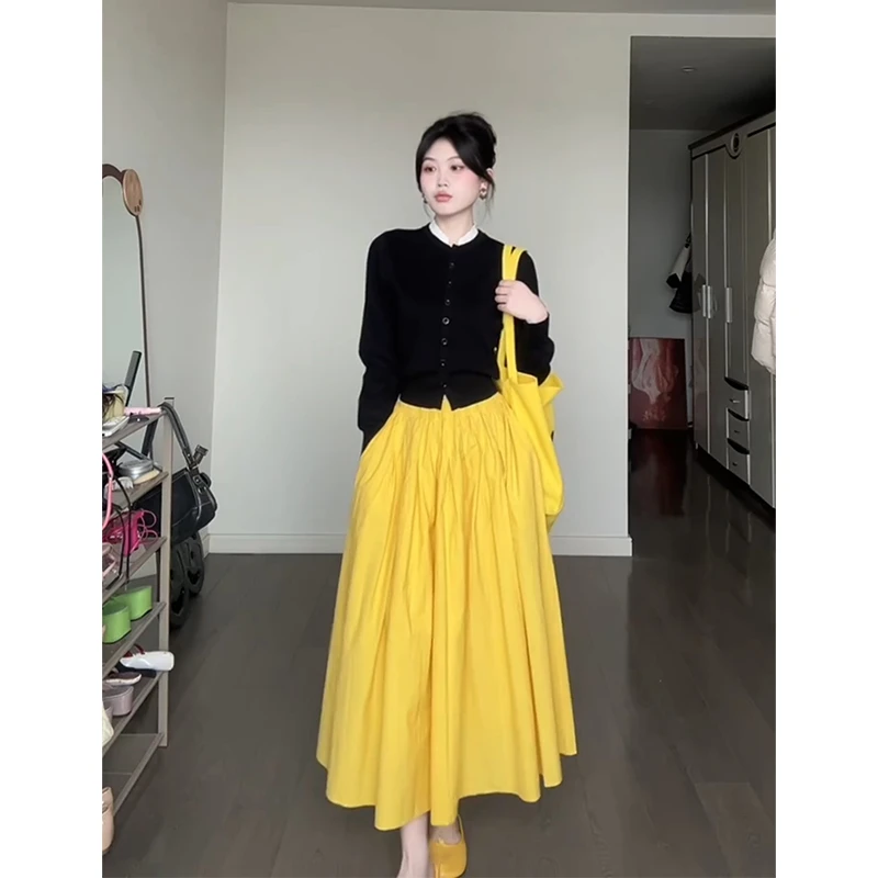 parkyeon秋季新款黑色拼接长袖针织衫上衣女搭配多巴胺半身裙套装