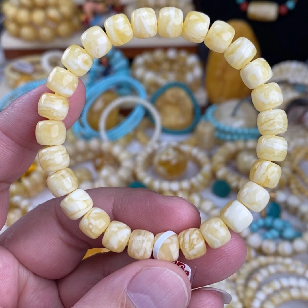 蜜蜡未镶嵌手链瓷白细纹虎皮8.5mm