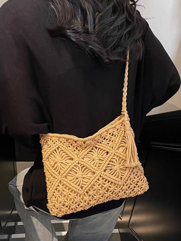 新流苏复古手工勾花棉线编织单肩包森系镂空百搭海边度假化妆包