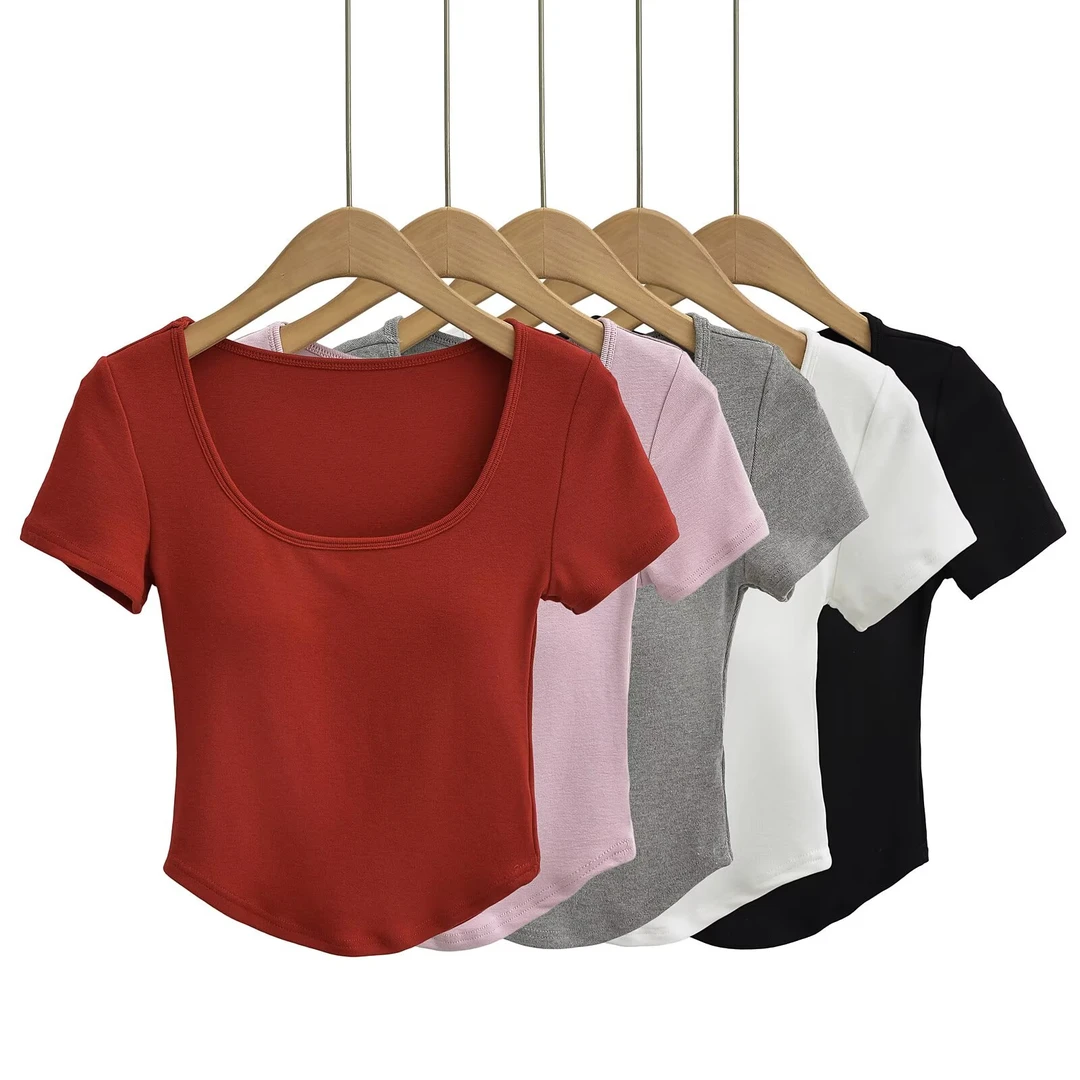 451方领弧形下摆胸垫短袖T恤