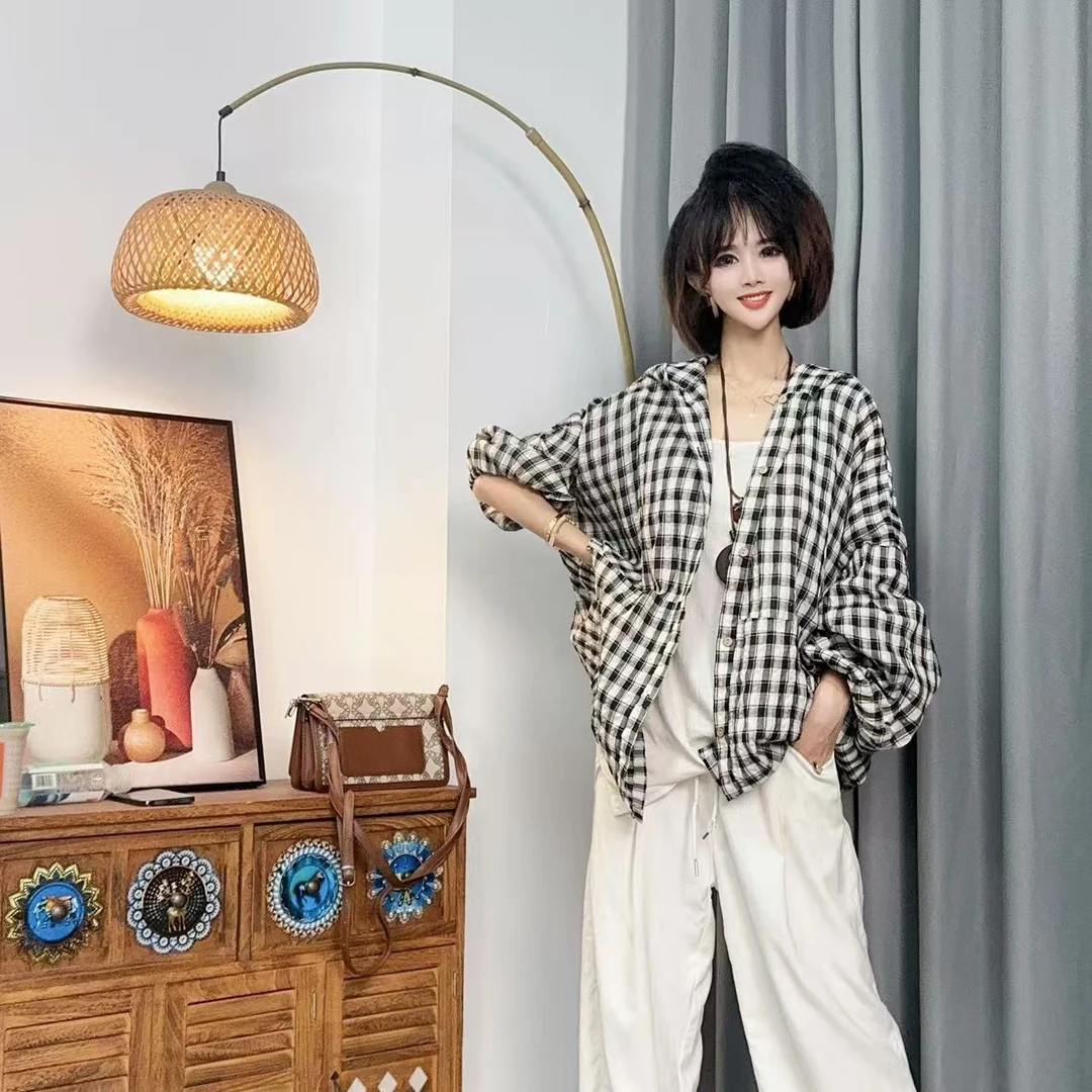 【沐木流浪记】（雨韵）黑白格子连帽四兜女装风衣外套z