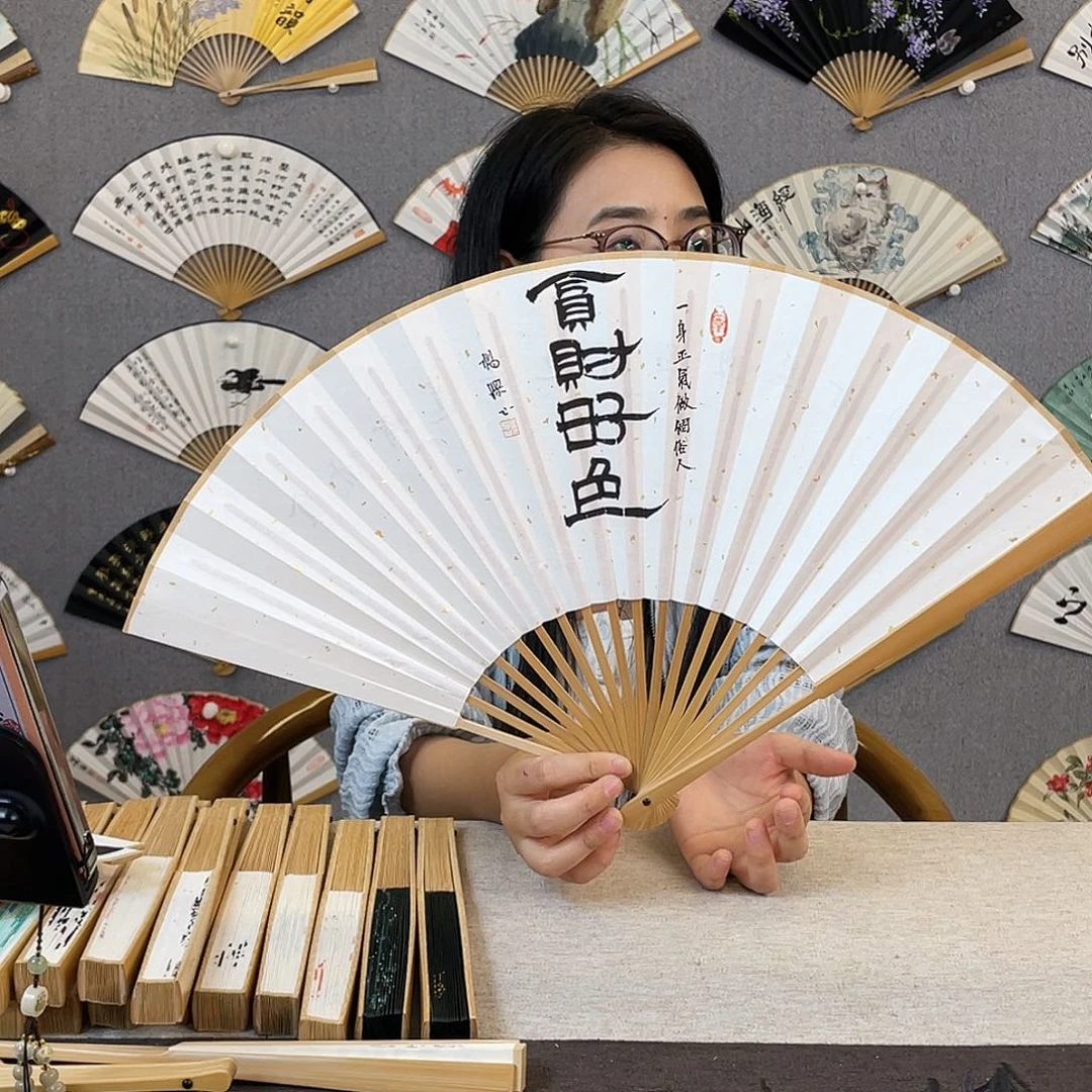 国画95寸玉竹-纯手绘-文玩扇骨（默认粘好）