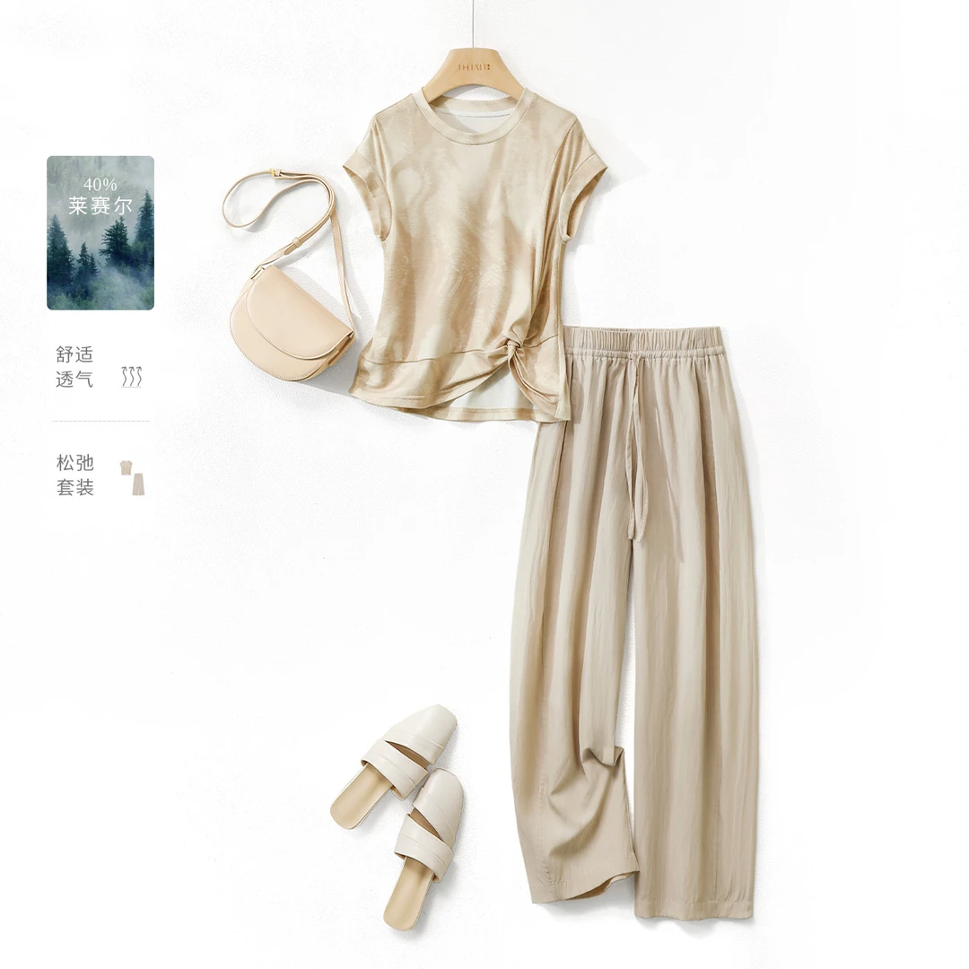 IHIMI/海谧2025年夏新款女装气质时尚松弛扭结T恤休闲裤两件套装