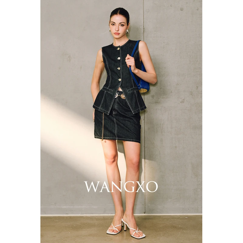 WANGXO 原色丹宁牛仔收腰时髦马甲套装  253213W