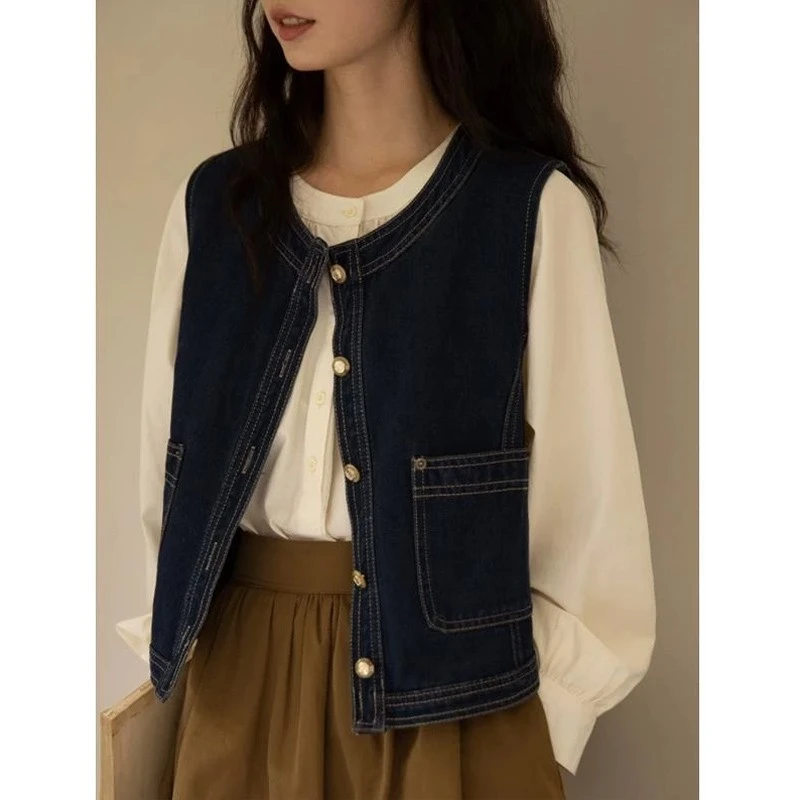 琪宝瑞日系复古牛仔马甲女春夏新款叠穿背心外搭小个子坎肩马夹女