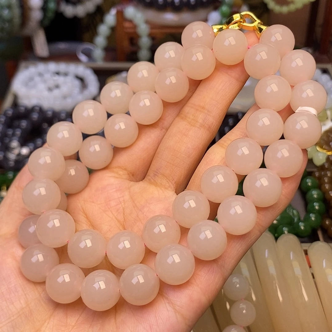 和田玉未镶嵌颈饰收藏级红藕粉樱花粉脂膏级项链12.5m