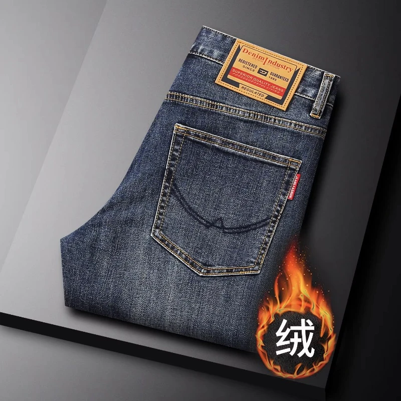 加绒高端牛仔裤男冬季加厚潮流时尚百搭修身小直筒裤男装水洗磨白