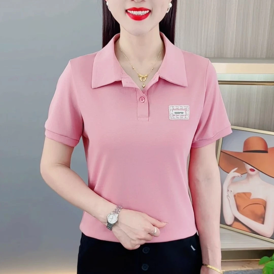 夏季纯色翻领刺绣女士短袖T恤休闲百搭小衫显瘦减龄中年妈妈上衣