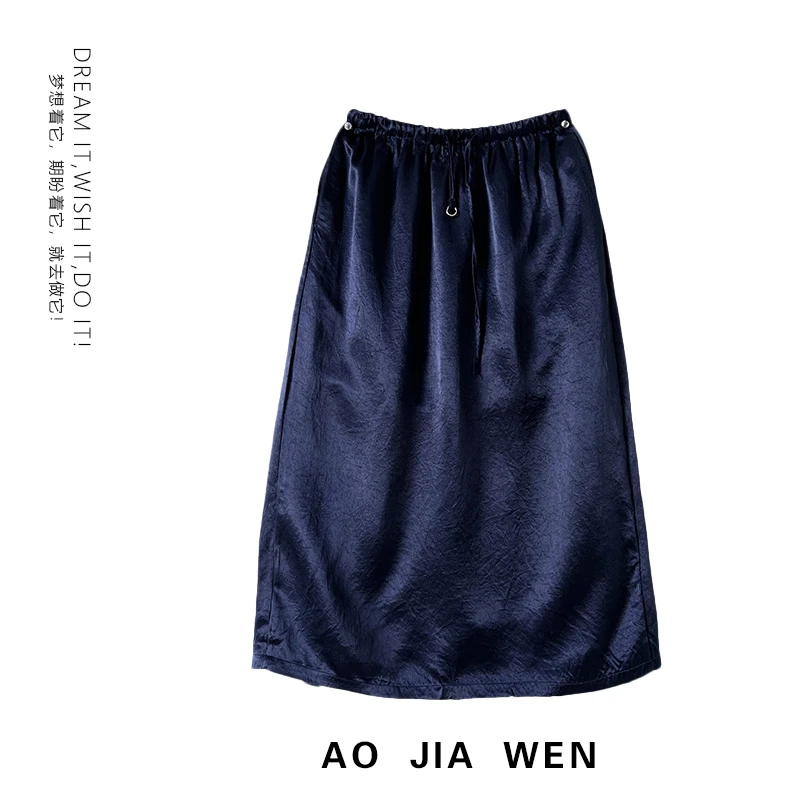 【佳文定制】2522醋酸半身裙松紧腰后开叉裙子