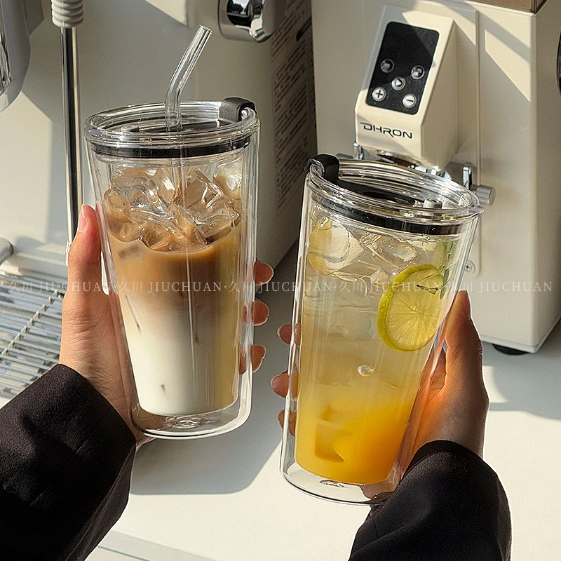 简约ins风高硼硅双层玻璃杯水杯直身杯吸管杯咖啡杯果茶杯冷饮杯