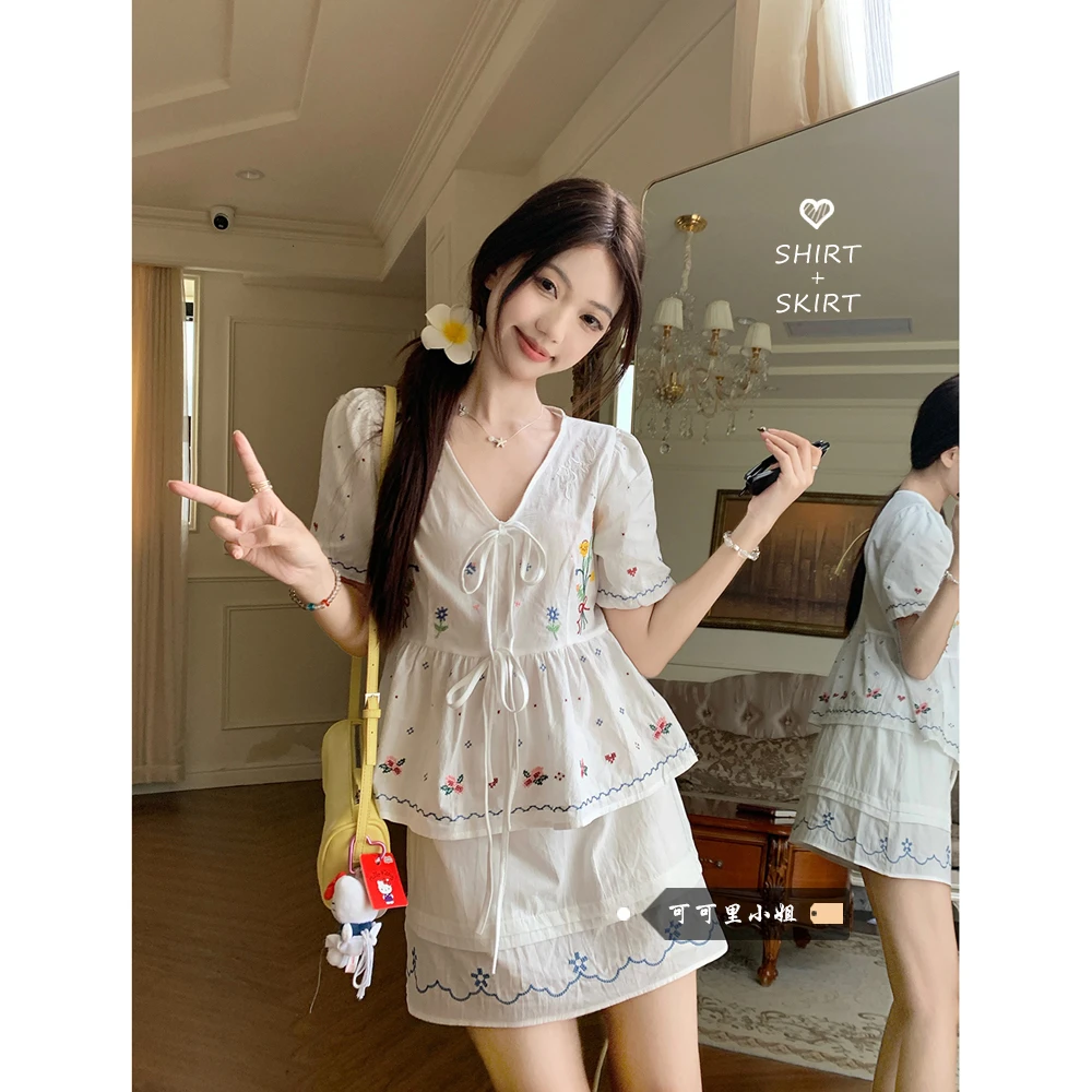 甜美刺绣系带娃娃衫短袖衬衫A字半身裙女2025夏季新款时尚套装潮
