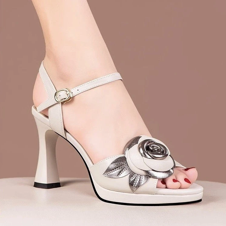 法式高跟凉鞋女2025夏季新款粗跟花朵鱼嘴鞋一字扣后空时装凉鞋潮